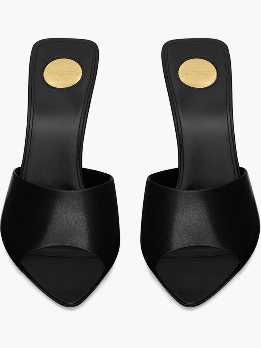 Saint Laurent Black Leather Open-Toe Mules with Gold Logo Medallion